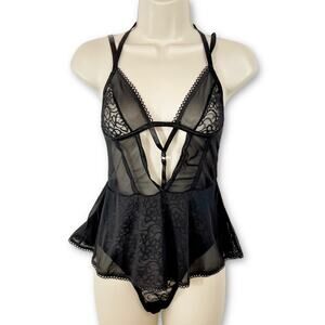Glitter Dark Love Black Sheer Lace Cheeky Cut Romper NEW Womens Sz S